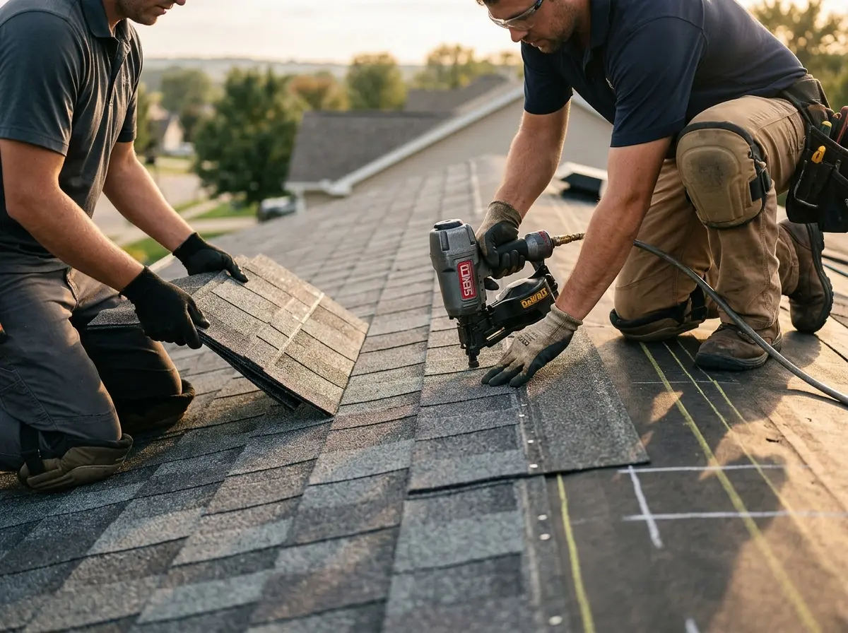 Professional roofer working on a residential roof in Grayson Valley